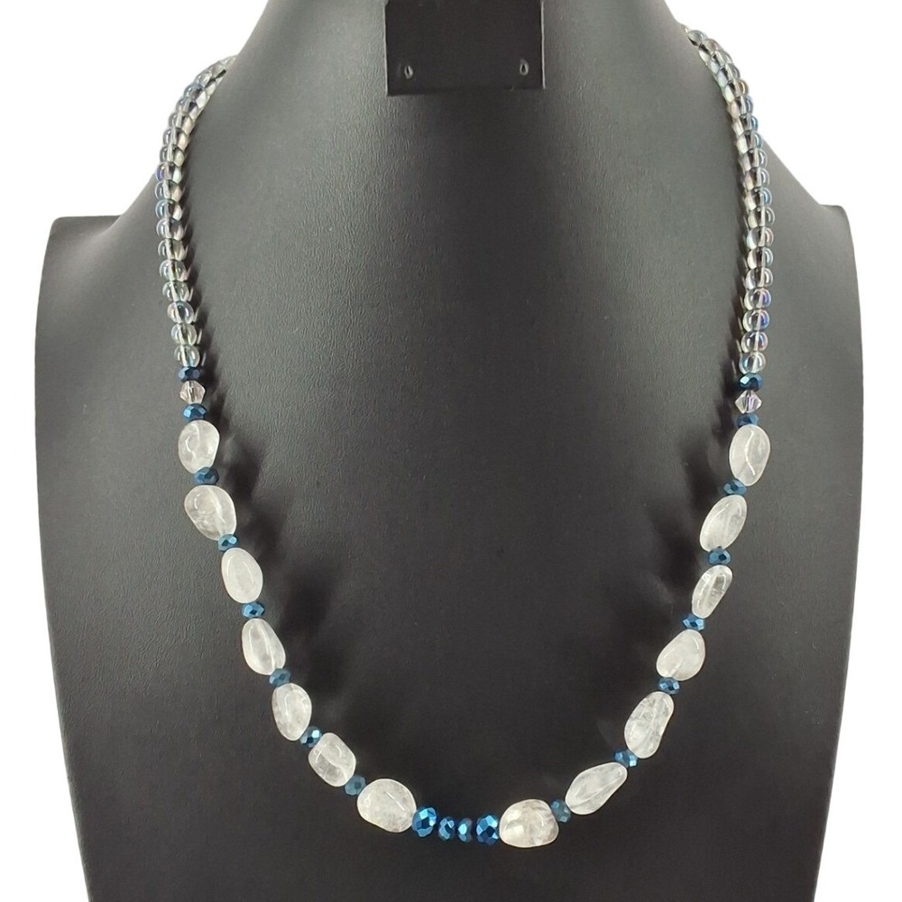 Clear Quartz Nugget Beaded Necklace Iridescent Glass Blue Accents Boho 24 Inch